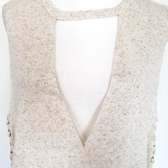 Maronie SIZE S Cream Textured Tunic Tank Top Distressed Lace Up Sides Keyhole - Picture 3 of 14